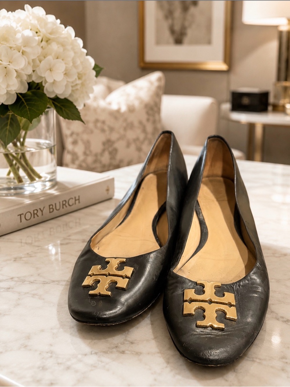 Tory Burch Black Leather Ballet Flats with Gold Logo